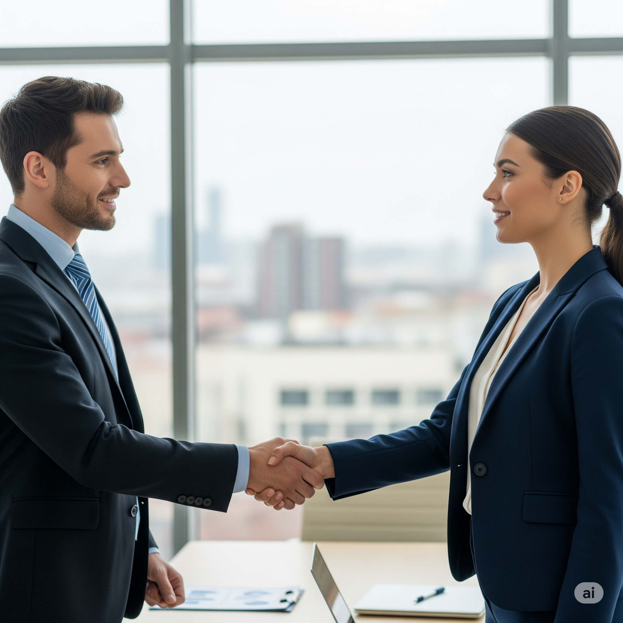 Two business professionals shaking hands, symbolizing a successful partnership.